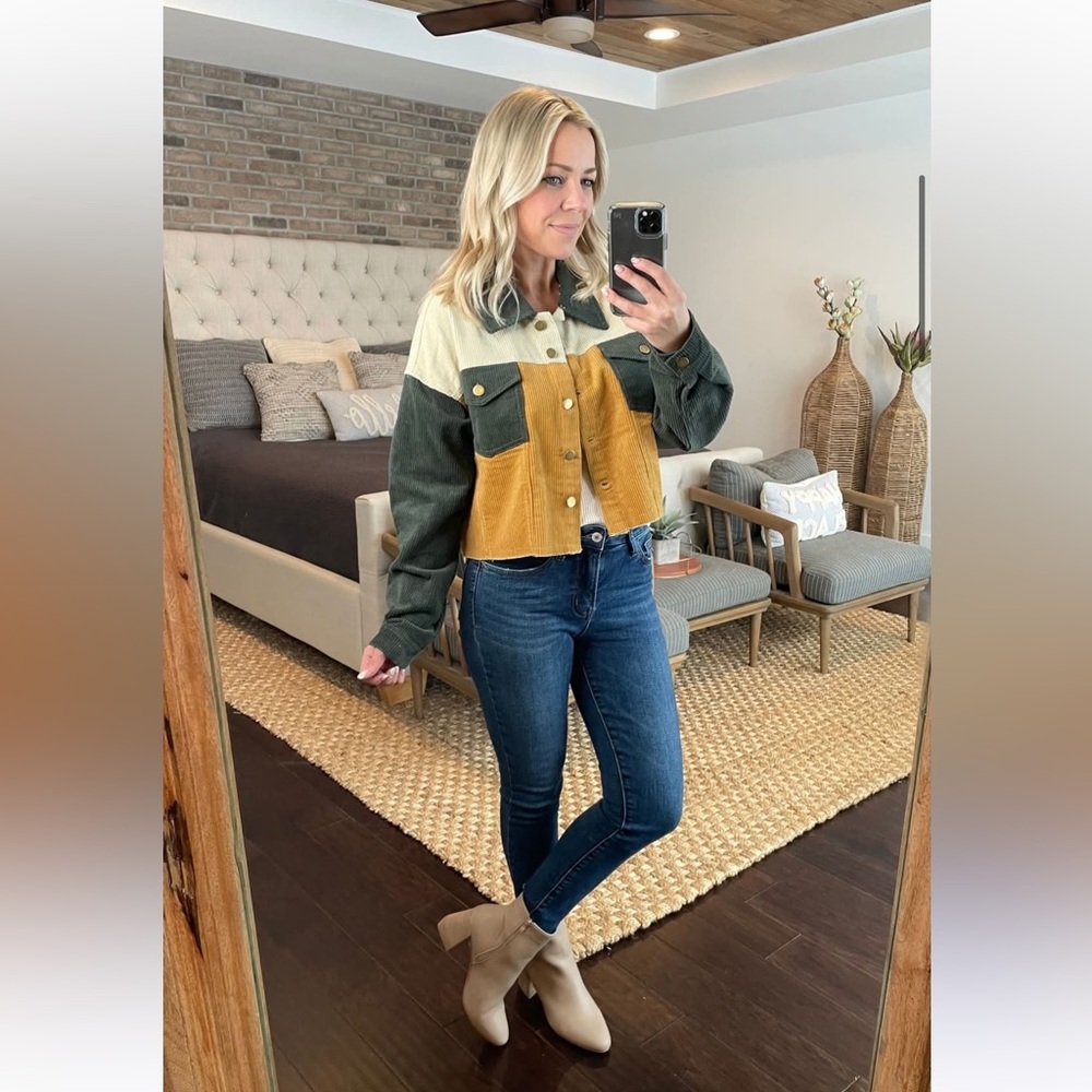NWT Altar’d State Corduroy Pocket Mustard Color Block Ribbed Button Up Jacket - Picture 2 of 9